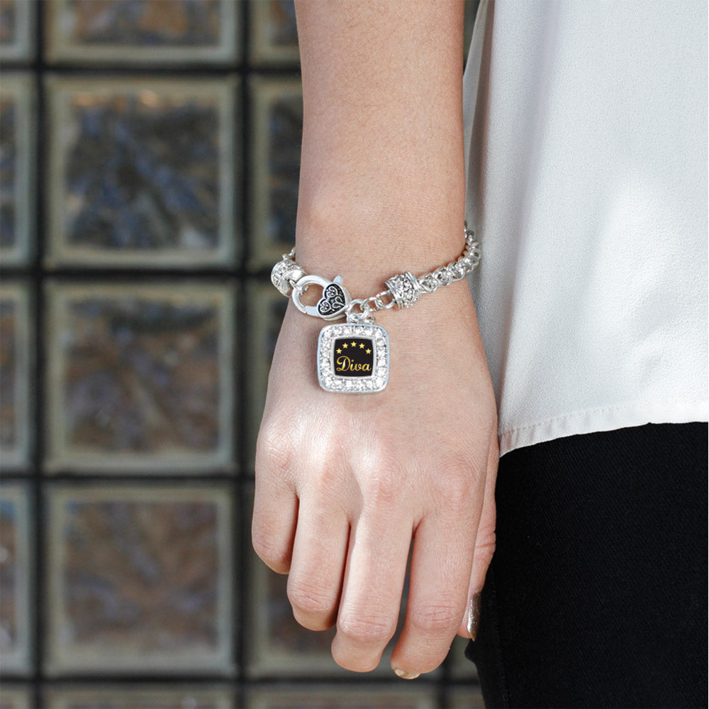 Silver Five Star Diva Square Charm Braided Bracelet