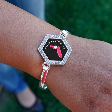 Silver Florida State Heart Hexagon Charm Bangle Bracelet