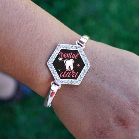Silver Dental Diva Hexagon Charm Bangle Bracelet