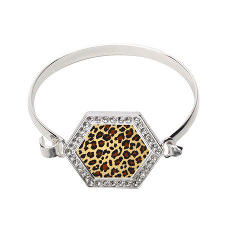 Silver Leopard Print Hexagon Charm Bangle Bracelet