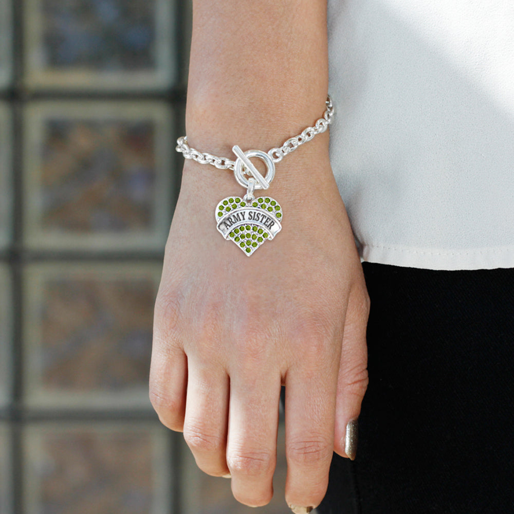 Silver Army Sister Green Pave Heart Charm Toggle Bracelet