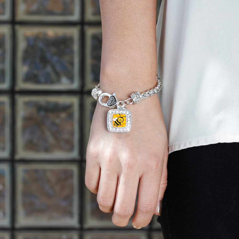 Silver Honey Bee Square Charm Braided Bracelet