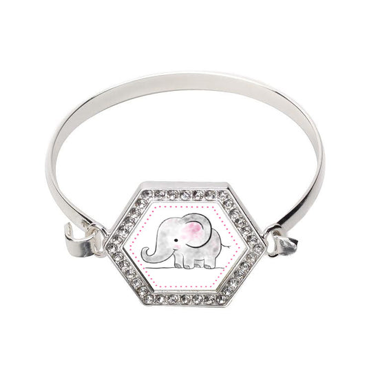 Silver Baby Elephant Hexagon Charm Bangle Bracelet