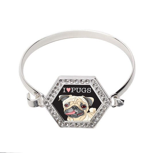Silver I Love Pugs Hexagon Charm Bangle Bracelet