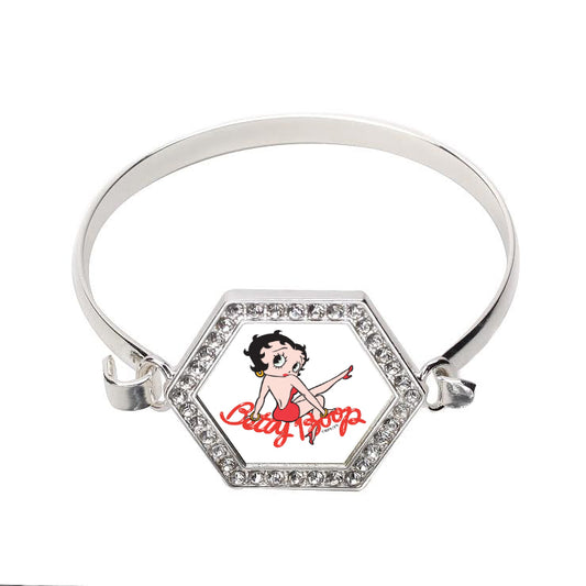 Silver Betty Boop Hexagon Charm Bangle Bracelet