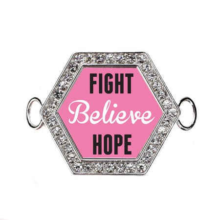 Silver Fight, Believe, Hope Breast Cancer Support Hexagon Charm Bangle Bracelet