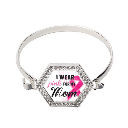 Silver I Wear Pink For My Mom Hexagon Charm Bangle Bracelet