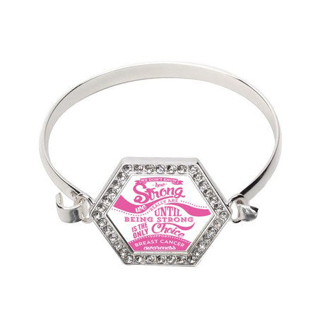 Silver Stay Strong Breast Cancer Awareness Hexagon Charm Bangle Bracelet