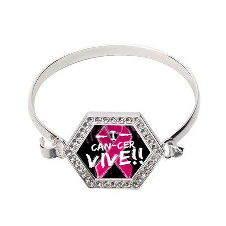 Silver I Can-Cer-Vive! Breast Cancer Hexagon Charm Bangle Bracelet