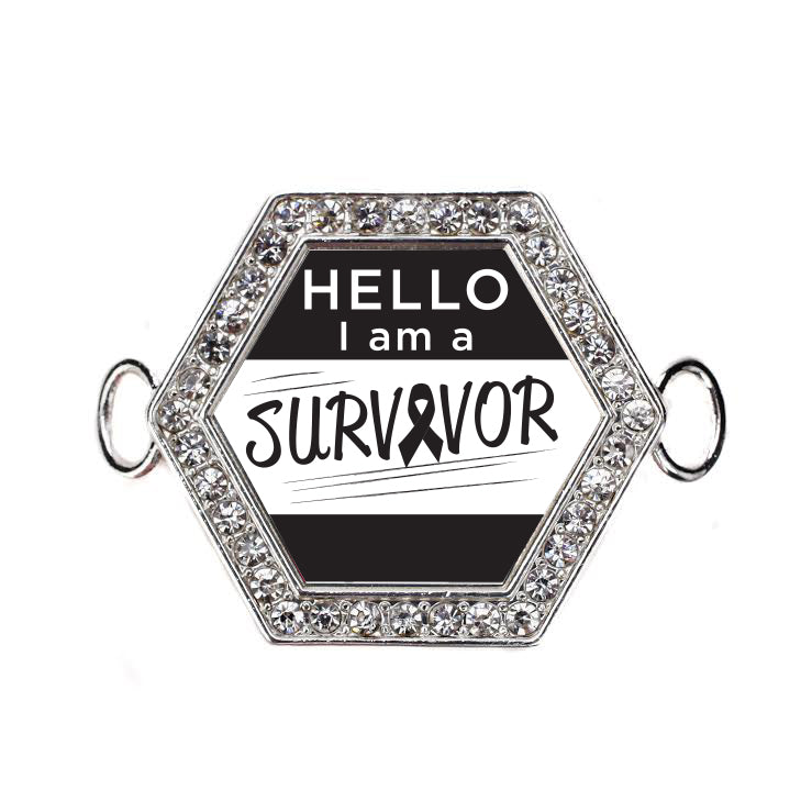Silver Hello, I Am A Survivor! Black Ribbon Hexagon Charm Bangle Bracelet
