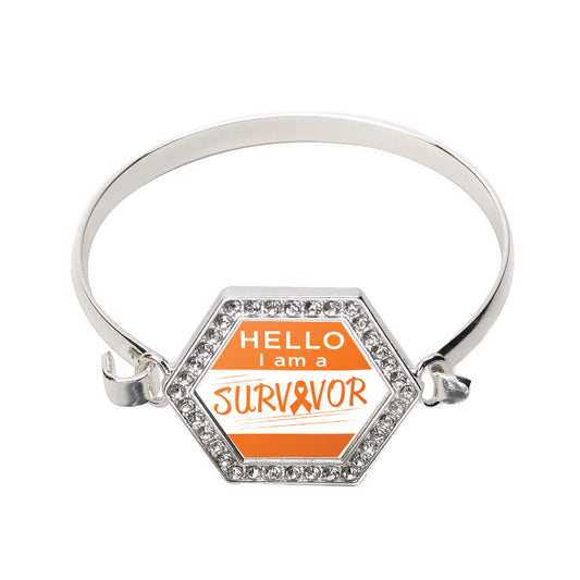Silver Hello, I Am A Survivor! Orange Ribbon Hexagon Charm Bangle Bracelet
