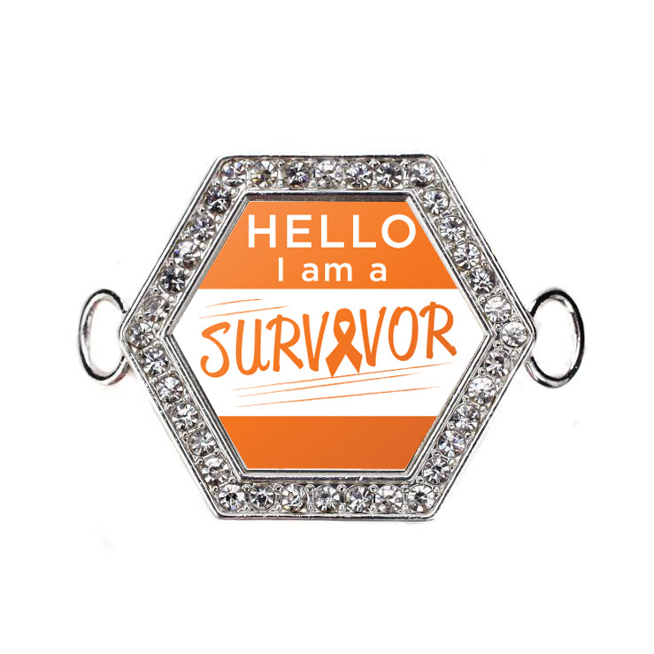 Silver Hello, I Am A Survivor! Orange Ribbon Hexagon Charm Bangle Bracelet