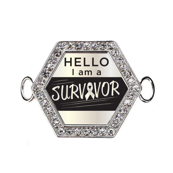 Silver Hello, I Am A Survivor! Pearl Ribbon Hexagon Charm Bangle Bracelet