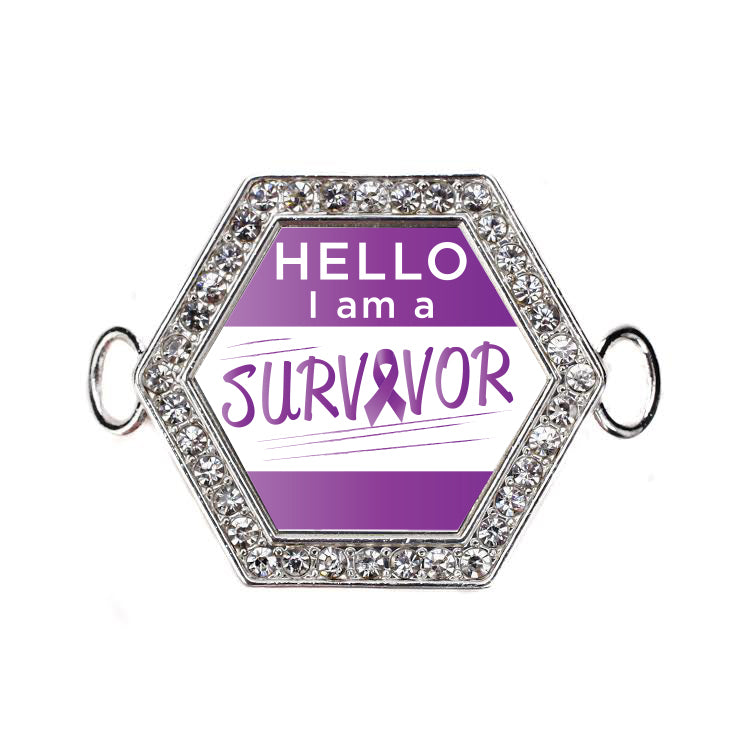 Silver Hello, I Am A Survivor! Purple Ribbon Hexagon Charm Bangle Bracelet