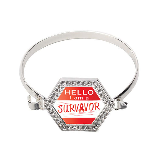 Silver Hello, I Am A Survivor! Red Ribbon Hexagon Charm Bangle Bracelet