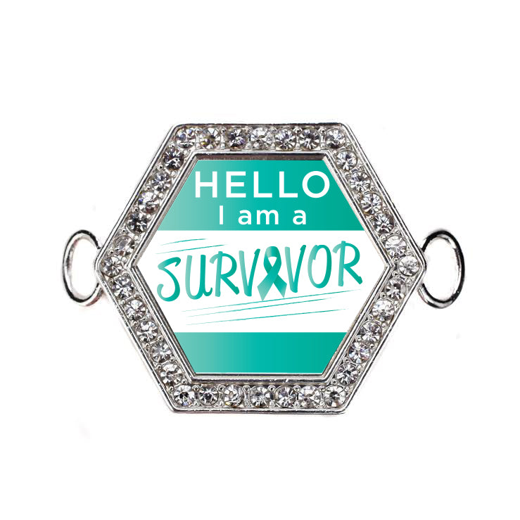 Silver Hello, I Am A Survivor! Teal Ribbon Hexagon Charm Bangle Bracelet