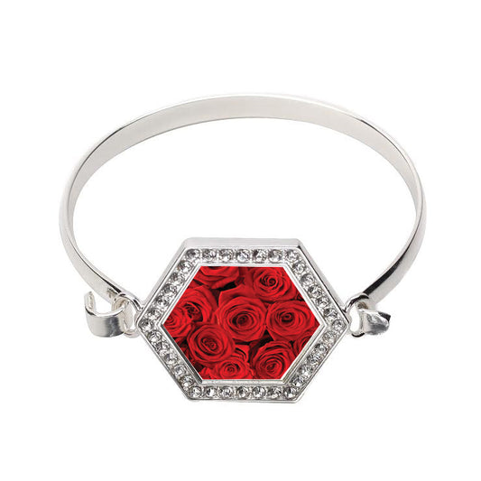 Silver Red Roses Hexagon Charm Bangle Bracelet