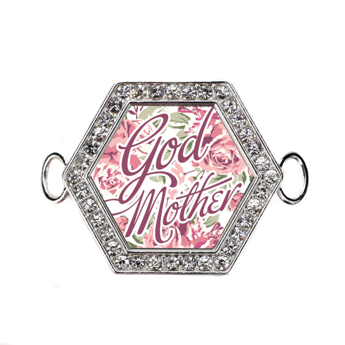 Silver God Mom Floral Hexagon Charm Bangle Bracelet