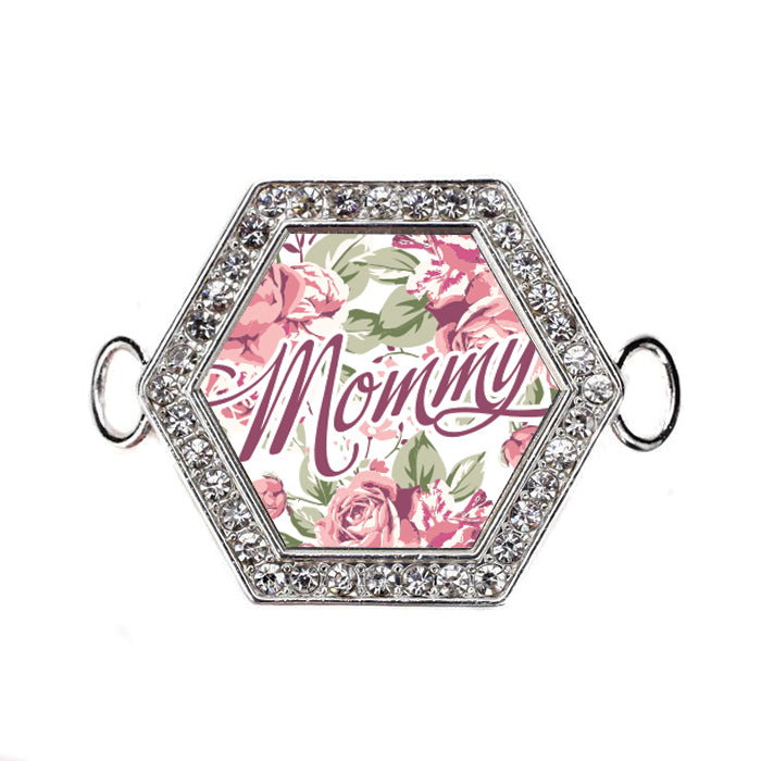 Silver Mommy Floral Hexagon Charm Bangle Bracelet