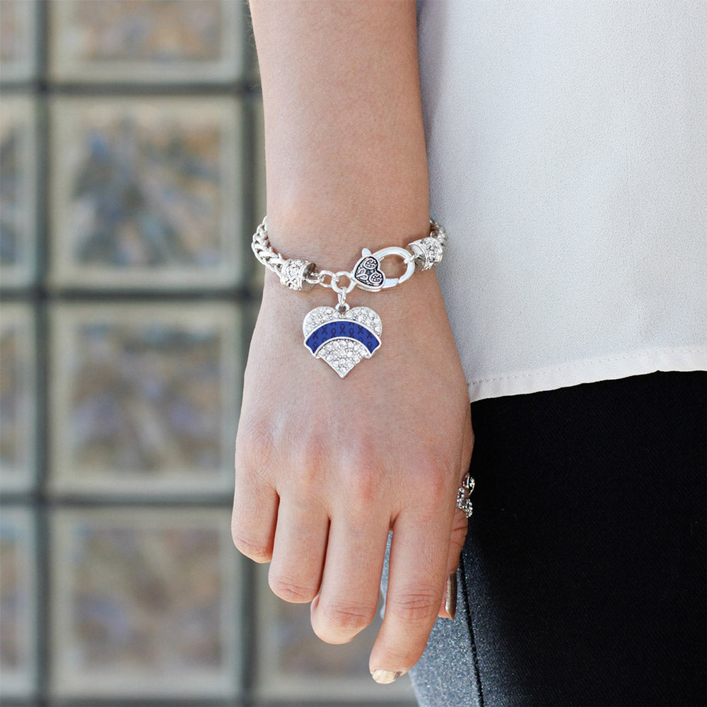 Silver Blue Ribbon Support Pave Heart Charm Braided Bracelet