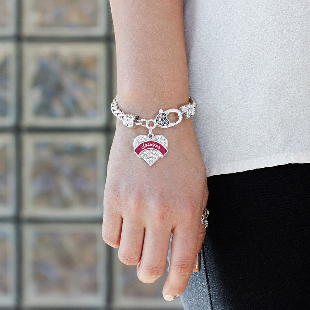 Silver Burgundy Survivor Pave Heart Charm Braided Bracelet