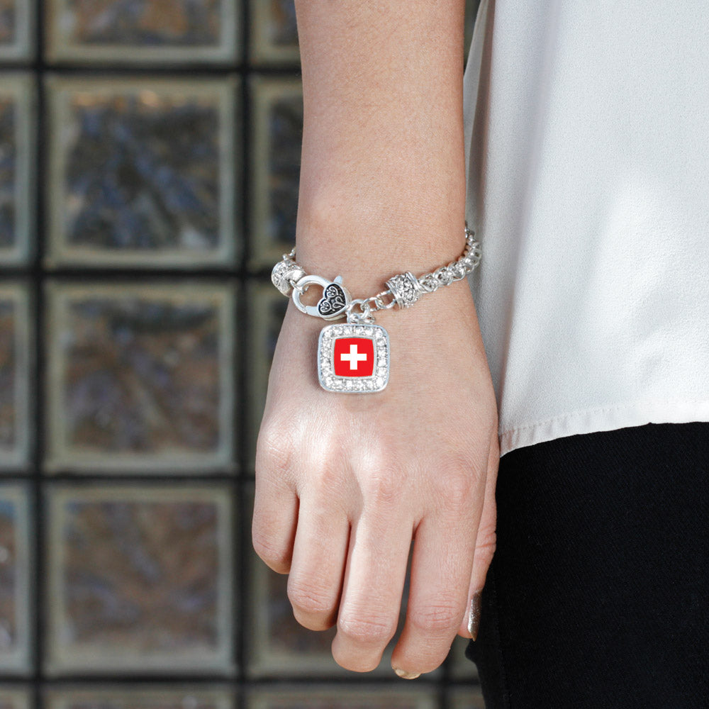 Silver Switzerland Flag Square Charm Braided Bracelet