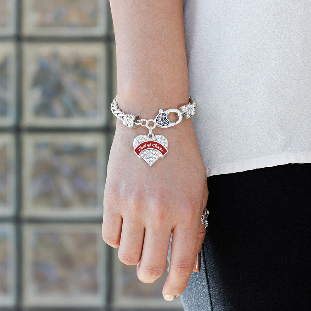 Silver Crimson Red Maid of Honor Pave Heart Charm Braided Bracelet