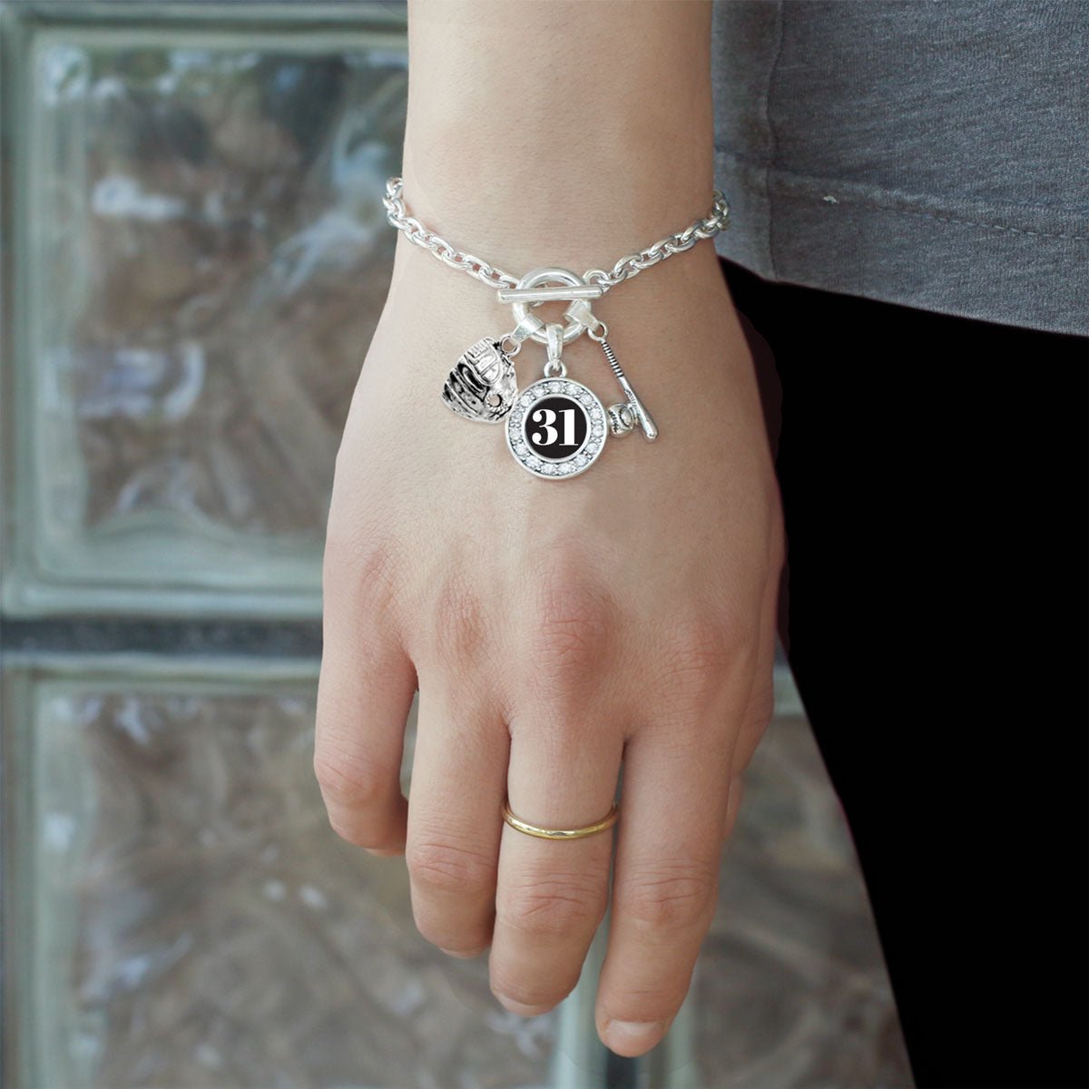 Silver Baseball/Softball - Sports Number 31 Circle Charm Toggle Bracelet