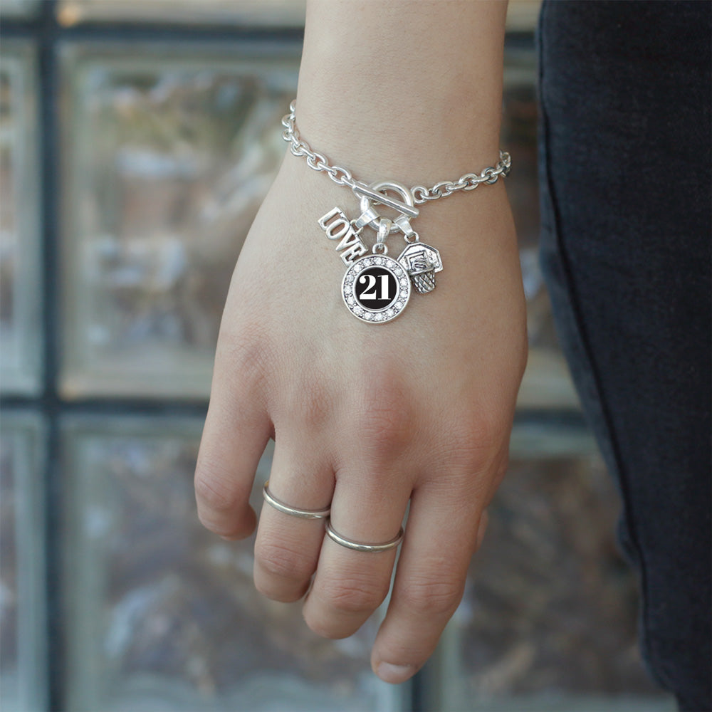 Silver Basketball Hoop - Sports Number 21 Circle Charm Toggle Bracelet