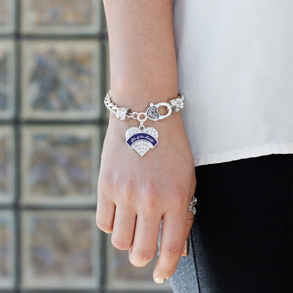 Silver Navy Blue Sis of the Bride Pave Heart Charm Braided Bracelet