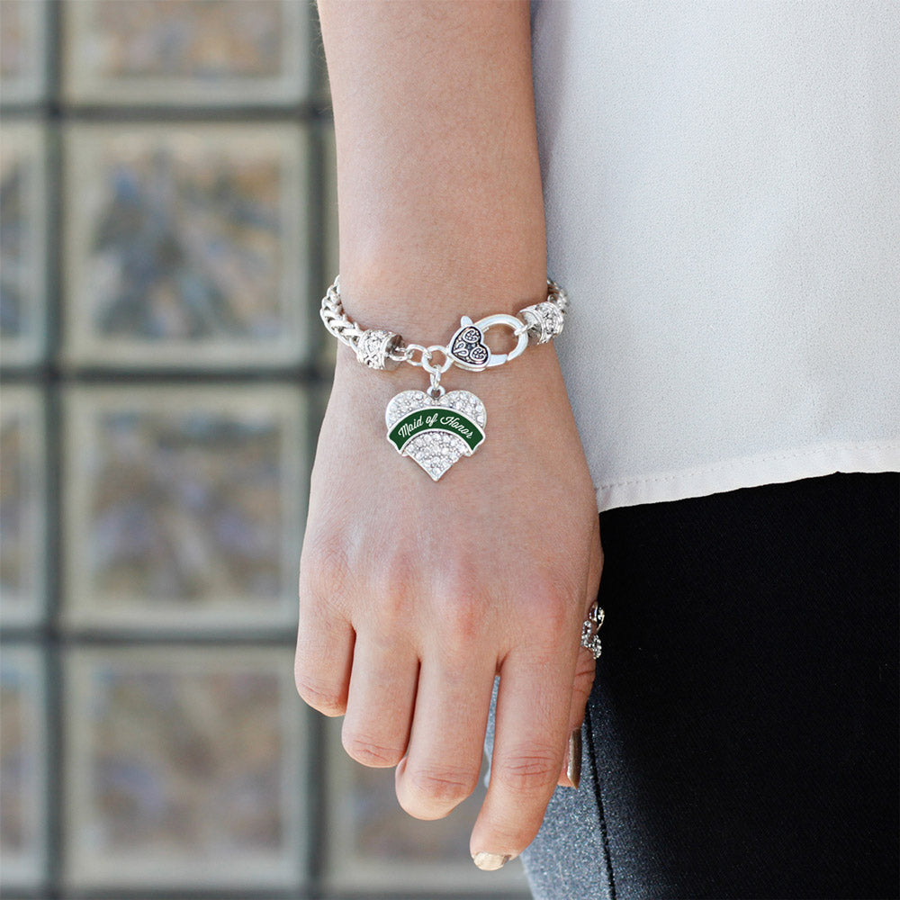 Silver Forest Green Maid of Honor Pave Heart Charm Braided Bracelet