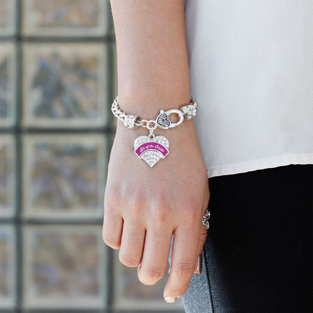 Silver Magenta Sis of Bride Pave Heart Charm Braided Bracelet