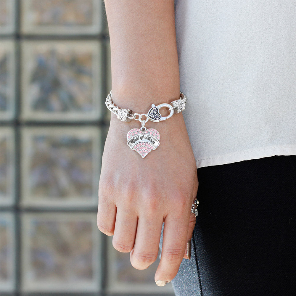 Silver Script Pink Maid of Honor Pink Pave Heart Charm Braided Bracelet