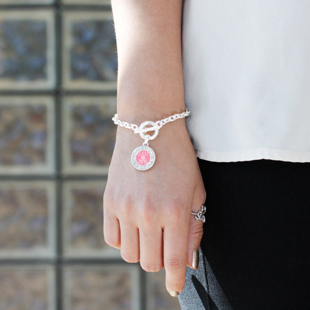 Silver Class of 2015 Light Pink Circle Charm Toggle Bracelet