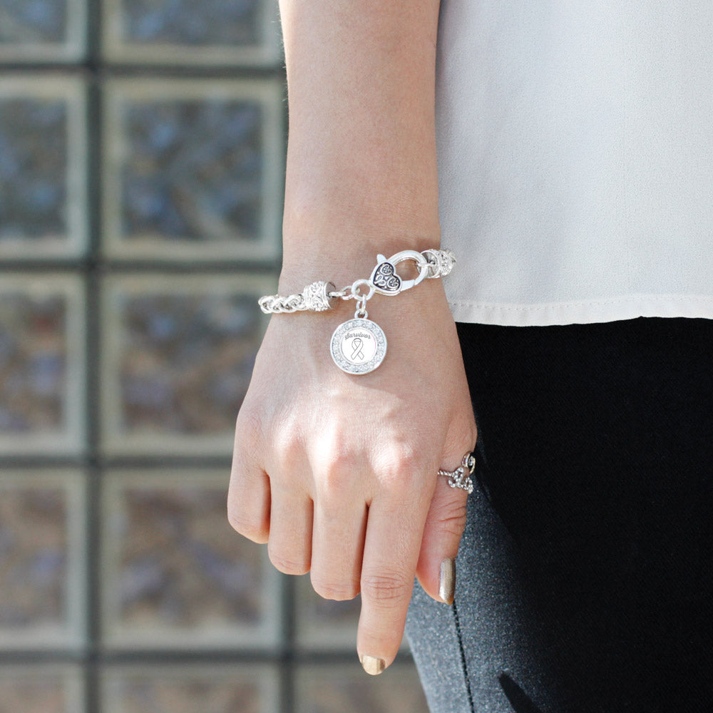 Silver White Ribbon Survivor Circle Charm Braided Bracelet