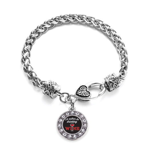 Silver I'd Rather Be Drinking Wine Circle Charm Braided Bracelet