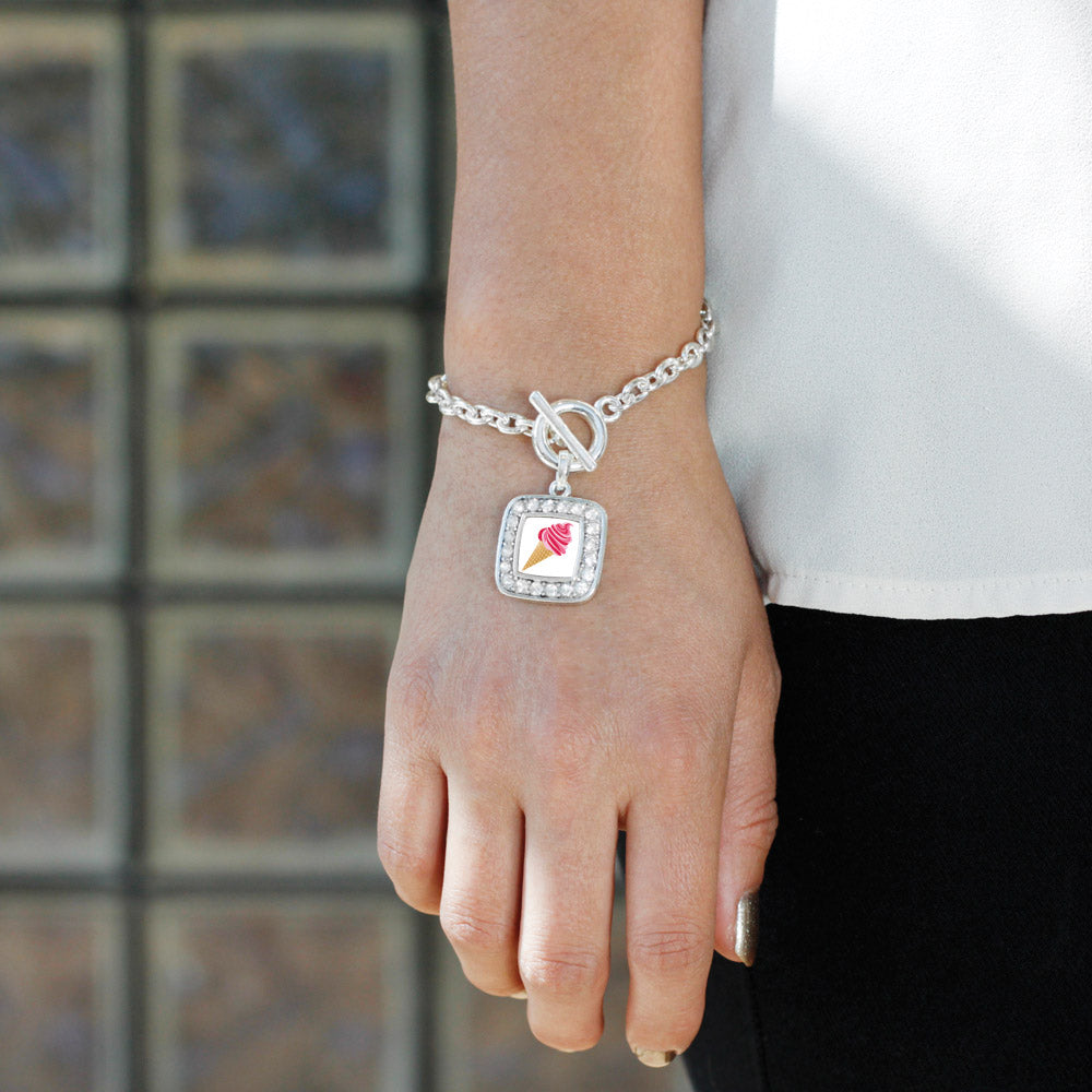 Silver Ice Cream Cone Lovers Square Charm Toggle Bracelet
