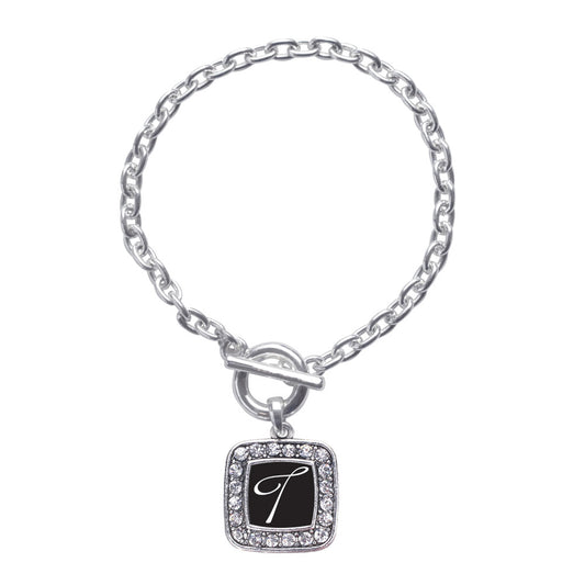Silver My Script Initials - Letter T Square Charm Toggle Bracelet