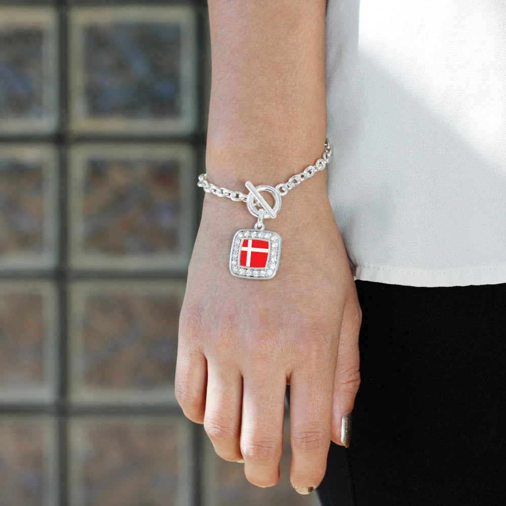 Silver Denmark Flag Square Charm Toggle Bracelet
