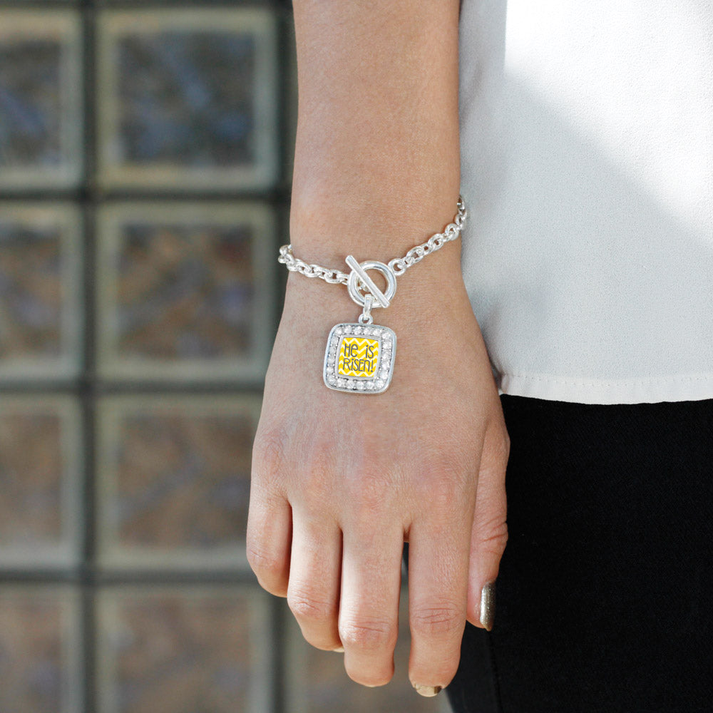 Silver He is Risen Yellow Chevron Patterned Square Charm Toggle Bracelet