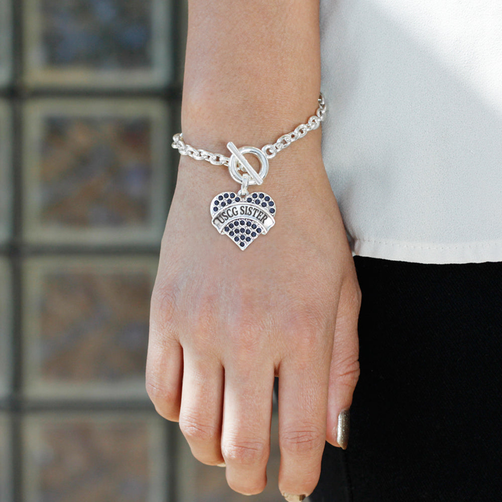 Silver USCG Sister Blue Pave Heart Charm Toggle Bracelet
