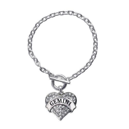 Silver Gemini Zodiac Pave Heart Charm Toggle Bracelet