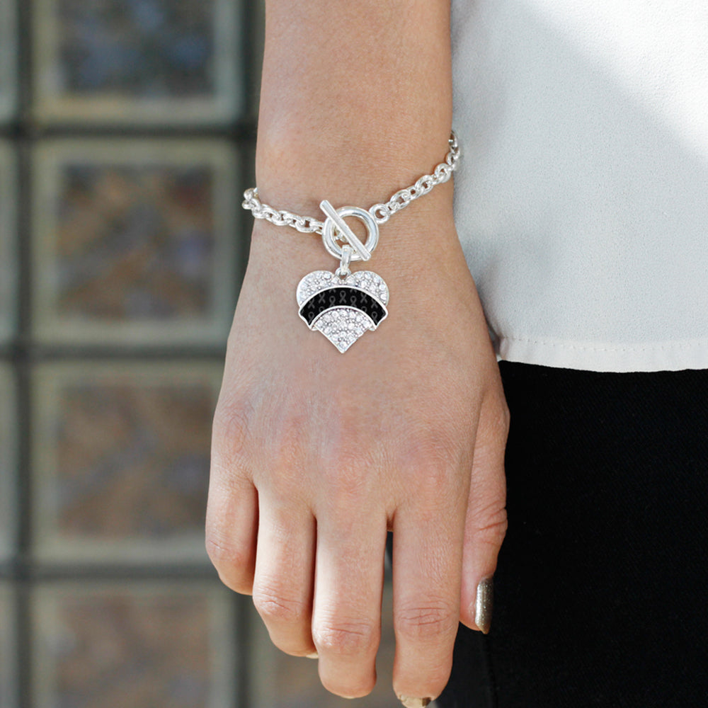 Silver Black Ribbon Support Pave Heart Charm Toggle Bracelet
