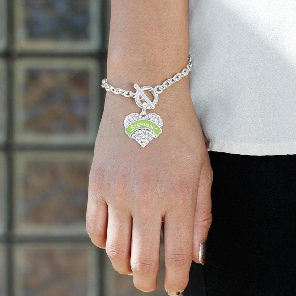 Silver Sage Green Bridesmaid Pave Heart Charm Toggle Bracelet