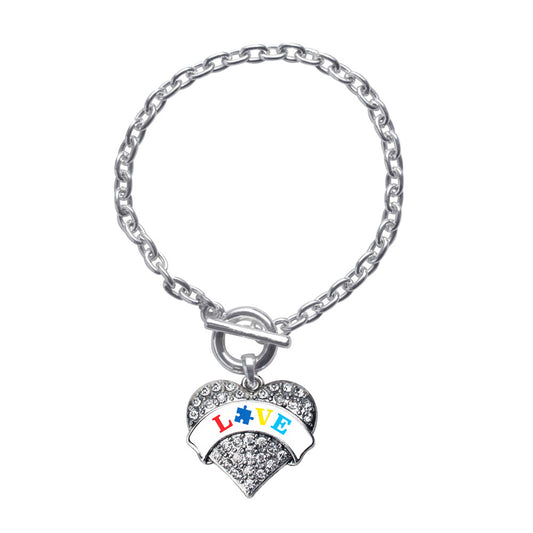 Silver Autism Love Pave Heart Charm Toggle Bracelet
