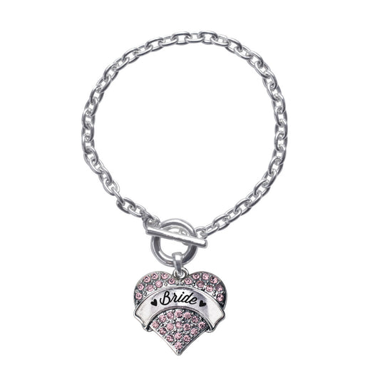 Silver Script Pink Bride Pink Pave Heart Charm Toggle Bracelet