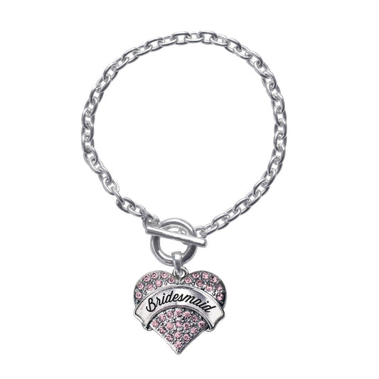 Silver Script Pink Bridesmaid Pink Pave Heart Charm Toggle Bracelet