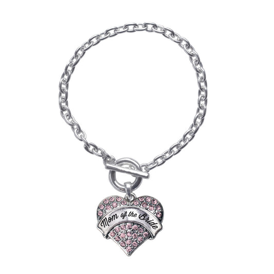 Silver Script Pink Mom of the Bride Pink Pave Heart Charm Toggle Bracelet