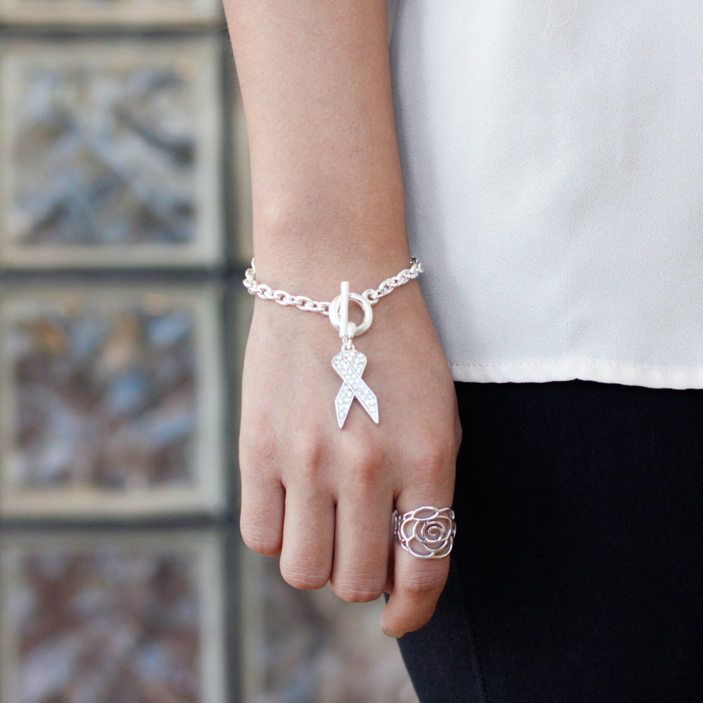 Silver Clear Ribbon Charm Toggle Bracelet