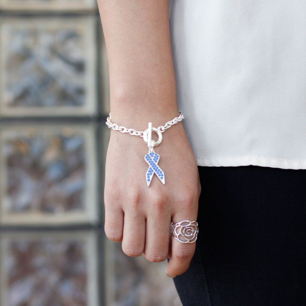 Silver Blue Ribbon Charm Toggle Bracelet